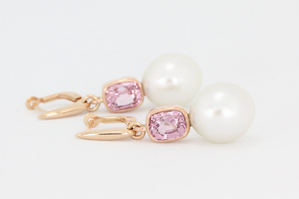 Pink Spinel and South Sea Pearl Earrings in Rose Gold