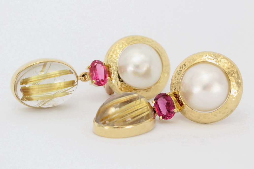 Mabé Pearl, Tourmaline and Rutilated Quartz Earrings