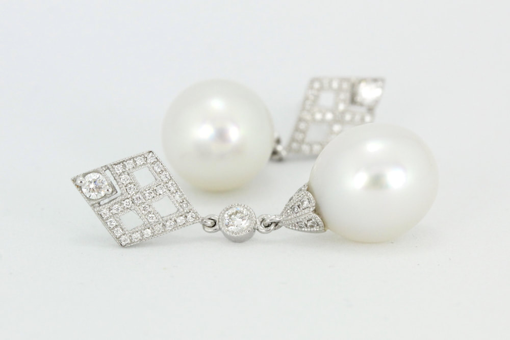 Deco South Sea Pearl and Diamond Earrings