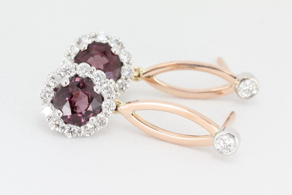 Maroon Spinel and Diamond Earrings in Rose and White Gold