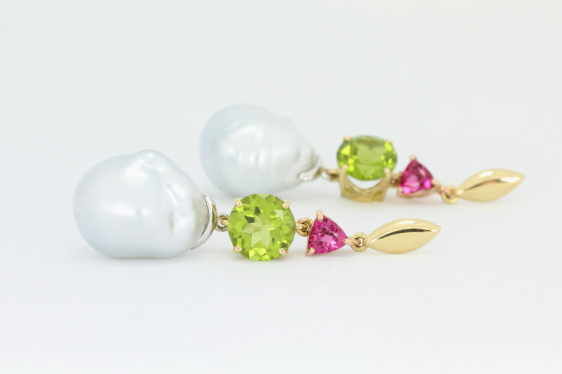 Baroque South Sea Pearl, Peridot and Pink Tourmaline Earrings