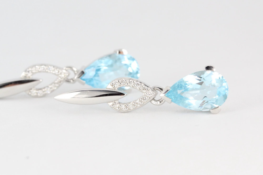 Blue Topaz and Diamond Drop Earrings in White Gold